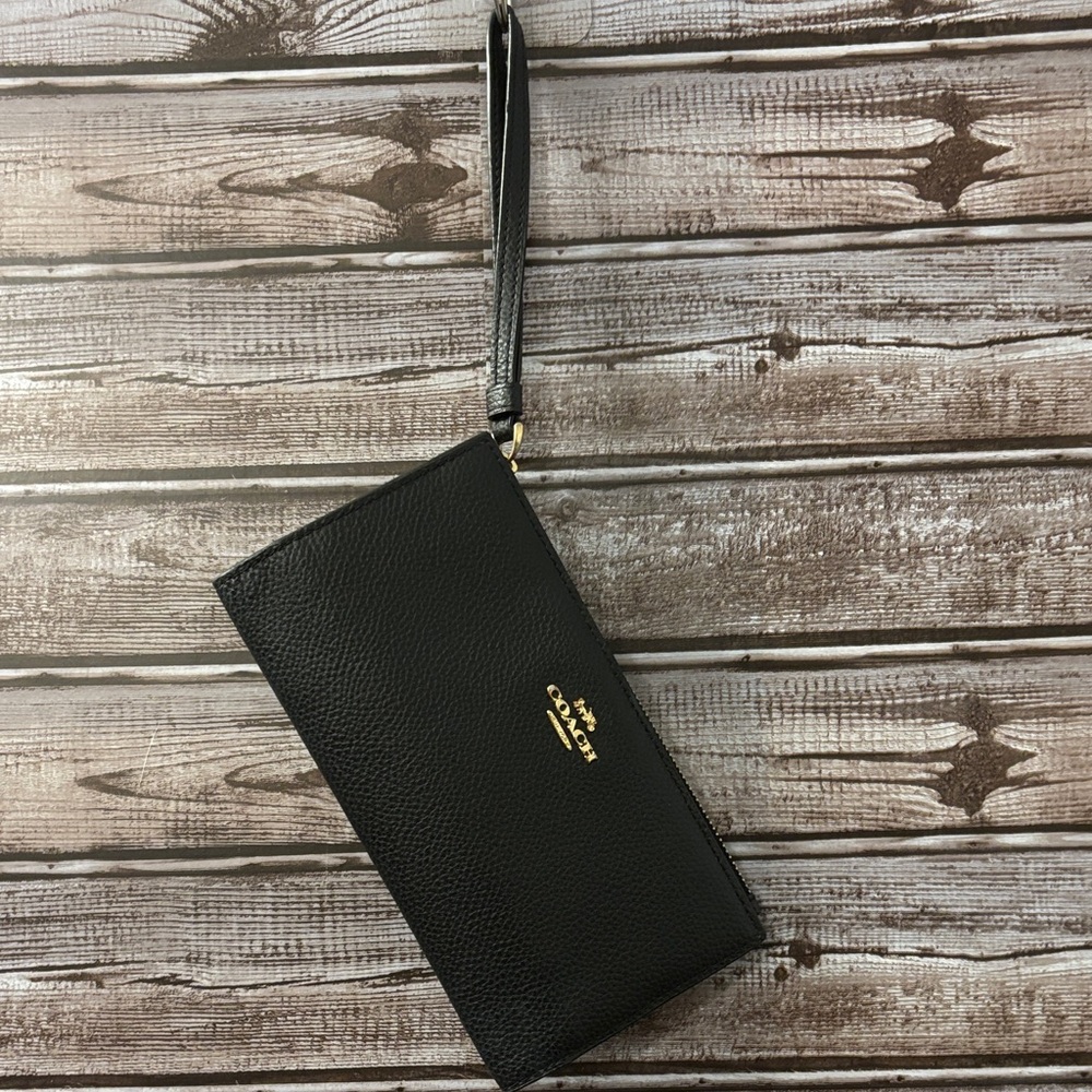 Coach Black Leather Pouch with Gold Accent and wrist strap - Picture 2 of 11